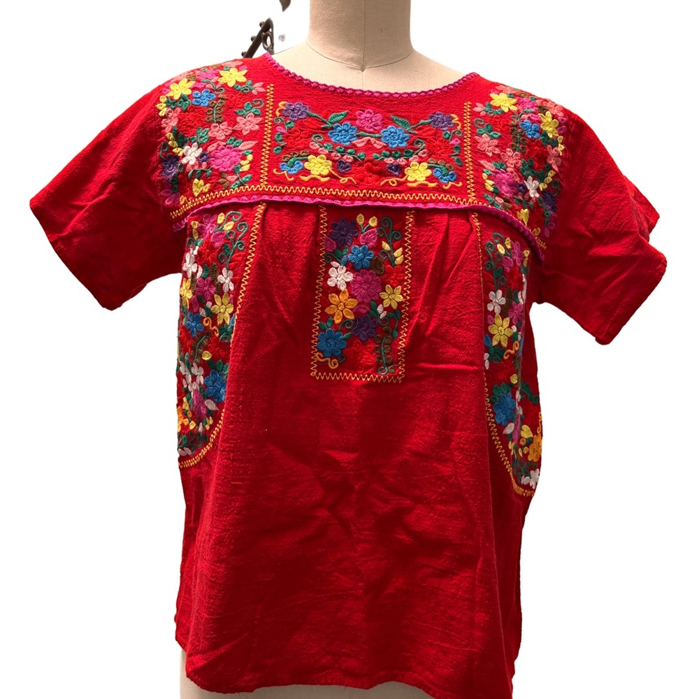 Red Mexican embroidery top cotton boho top
